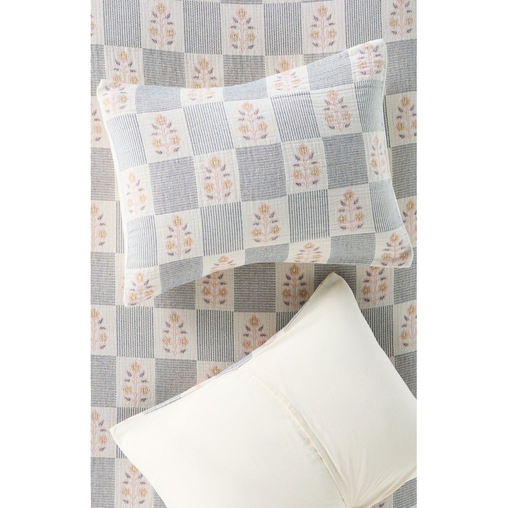 Anthropologie Pillow Shams Standard Size Floral‎ Check Vintage Inspired Blue